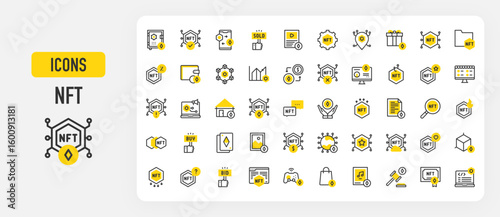 NFT icons. Text, Bid, Cards, Support, Marketplace, Nft, Promote, Auction, House, Certificate, Blockchain, Sale, 3d, Download, Question, Browser, Gamepad vector stroke illustration.
