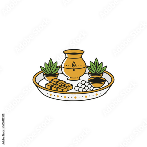 Puja thali with basil, kalash pot and Indian sweets on transparent vector