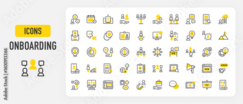 Onboarding icons. Magnet, Employee, Team, Calendar, Puzzle, Goal, Human Resources, Clipboard, Hand, Evolution, Search, Team, File, Mind, Location vector stroke illustration.	
