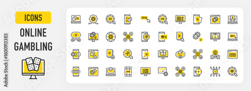 Online gambling icons. Bet, Football, Online Casino, Money, Sales, Poker, Credit Card, Poker Cards, Spin, Online Poker, Poker Chips, Vip, Fortune Wheel vector stroke illustration.	
