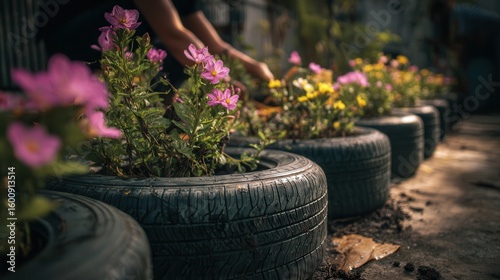 Children engage in gardening using tire planters in a vibrant school garden during a sunny afternoon