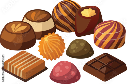 Assorted chocolate candies vector illustration for dessert themes confectionery creations and sweet indulgence in a delicious assortment of flavors and styles
