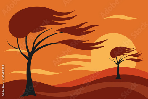 trees swaying in sunset breeze