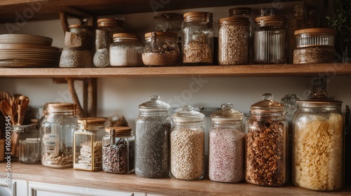 Organized display of various spices and grains in glass jars on wooden shelves in a modern kitchen