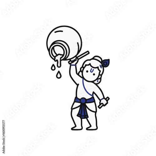 Baby Krishna lifting pot of butter overhead