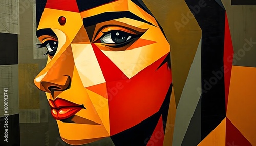 Geometric portrait of a woman with a bindi and side profile view in warm color palette style