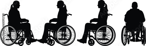 Wheelchair user silhouette set, front back side views, accessibility concept design, inclusive vector illustration, mobility aid diversity, disabled person clipart bundle