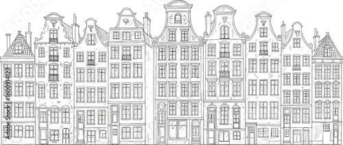 Hand drawn Amsterdam buildings, Dutch canal houses sketch, black and white line art, historic European architecture, vintage townhouse facade illustration