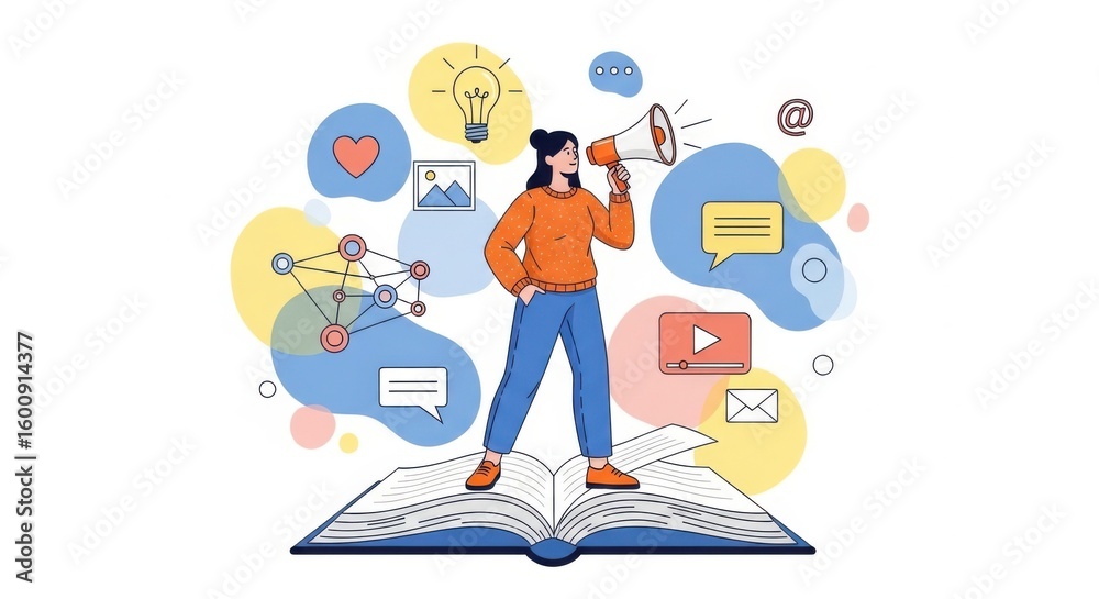 Obraz premium A woman stands on an open book holding a megaphone surrounded by icons representing marketing communication and digital