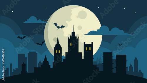 Full Moon Rising Behind Haunted City Skyline Bats
