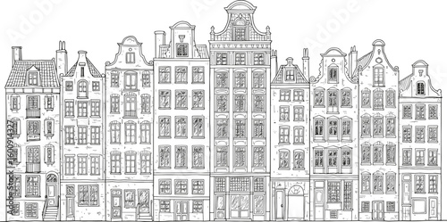 Hand drawn Amsterdam buildings, Dutch canal houses sketch, black and white line art, historic European architecture, vintage townhouse facade illustration