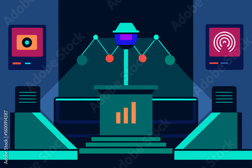 Futuristic Courtroom Control Chamber AI Judge Panel