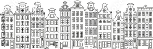Old European architecture line art, historic Amsterdam buildings, Dutch canal houses sketch, vintage cityscape, black and white illustration