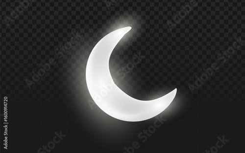 Luminous white crescent moon with a soft glow, an ideal mystical or nocturnal element for dreamy backgrounds, celestial themes, and sleep-related designs.