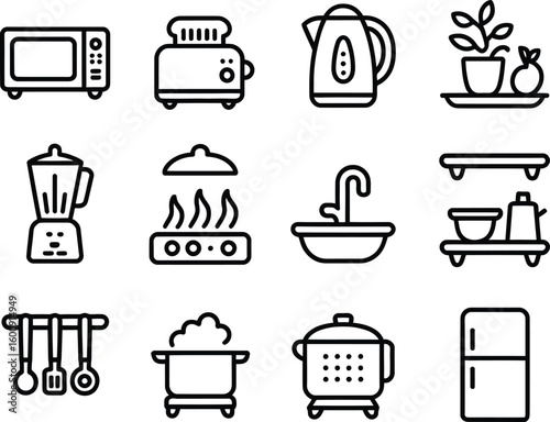 Collection of hand drawn kitchen appliance and utensil icons