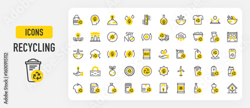 Recycling icons. Awareness, Construction, Eco Friendly, Carbon Dioxide, Purified Water, Recyclable, Say No, Sustainable, Paper, Nature vector stroke illustration.	
