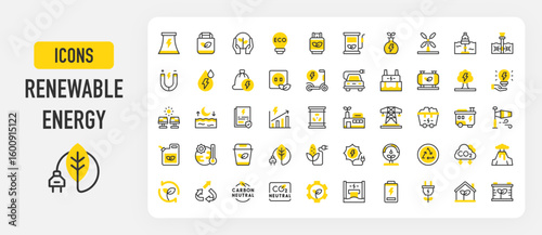 Renewable energy icons. Save Energy, Carbon Neutral, CO2, Upcycle, Water Drop, Energy Consumption, Natural Resources, Policy, Organic, Carbon Dioxide vector stroke illustration.	

