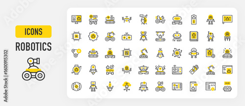 Robotics icons. AI, Voice, Smartphone, System, Monitor, Browser, Cyborg, Cloud Computing, Wheeler, Industrial Robot, Book, Hand, Wheel, Canon, Mainboard vector stroke illustration.