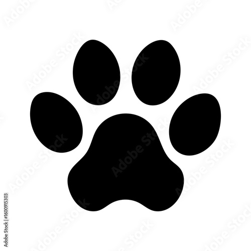 Silhouette of a dog paw print with four pads in bold shape with transparent background  