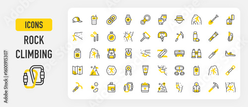 Rock climbing icons. Hook, Climbing Holds, Tape Slings, Axe, Hat, Shovel, Walkie Talkie, Gloves, Ice Screw, Climbing, Maps, Quickdraw, Harness vector stroke illustration.	
