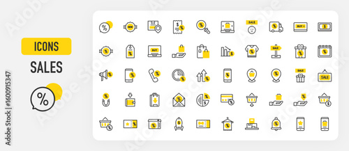 Sales icons. Ticket, Pie Chart, Shopping Basket, Location, Arrows Up, Delivery Box, Envelope, Smartphone, Gift Box, Shopping Bag, Discount Voucher, Wallet vector stroke illustration.	
