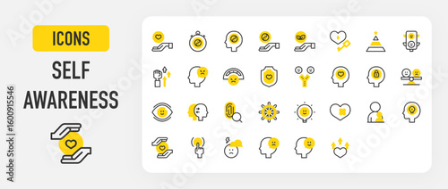 Self awareness icons. Child, Self Love, Compassion, Emotions, Control, Anger, Depression, Push, Sad, Willpower, Introvert, Creativity, Visualize, Happy vector stroke illustration.	
