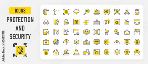 Protection and security icons. Home, Warning, Security, Malware, Phone, Data Protection, System, Ftp, Find, Alert, Police, Email, Protector Vest, Credit Card vector stroke illustration.