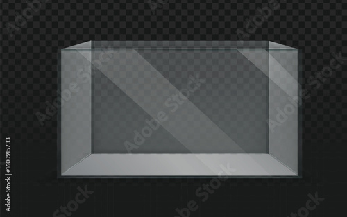 Realistic empty clear glass display box or showcase with reflections, ideal for product presentations, virtual exhibitions, and elegant mockups.
