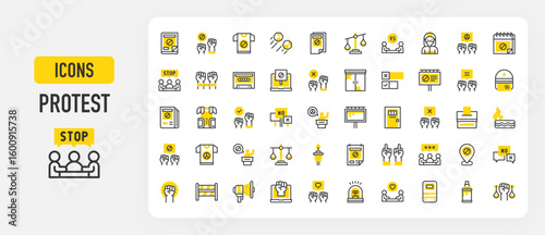 Protest icons. Middle Finger, Respect, Negotiate, Injustice, Agree, Protest, Fist, Helmet, Human Rights, Respect, Disagree, Rocks, Against, Equal, Barrier vector stroke illustration.	
