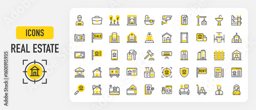 Real estate icons. Shopping Mall, Living Room, Auction, Apartments, Storeroom, Search, Garden, Protection, Construction, Dining Room, Kitchen, Wallet vector stroke illustration.	
