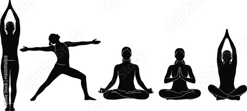 Yoga pose silhouette collection, standing and seated positions, meditation and warrior stance, health and wellness concept, black vector graphic, isolated white background
