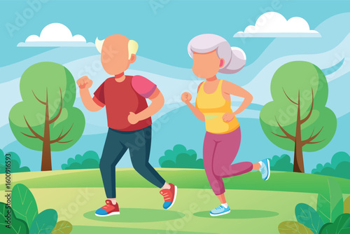 Active Senior Couple Jogging in the Park Promoting Healthy Lifestyle and Fitness During Retirement Years with Sky Background