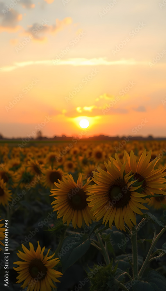 Fototapeta premium Beautiful sunset over sunflower field, hyperrealism. White tone
