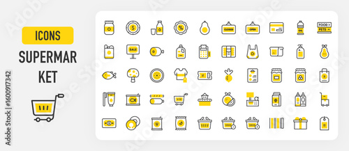 Supermarket icons. Dollar Bill, Chips, Jam Jar, Price Tag, Oil, Shopping Basket, Card, Coin, Pos Terminal, Avocado, Closed Sign, Soap, Pear, Radish, Sale vector stroke illustration.	
