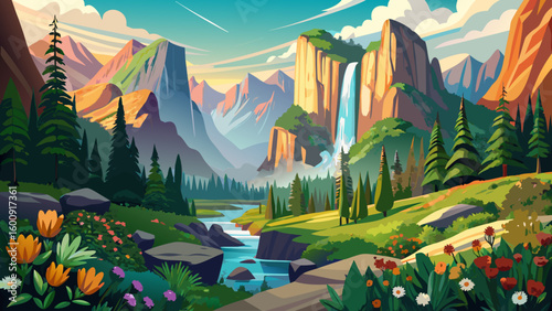 A panoramic view of Yosemite in spring, with cascading waterfalls, blossoming meadows, and towering granite — pure tranquility wrapped in semi-realistic beauty for vector inspiration.

