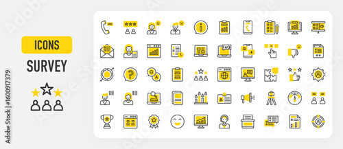 Survey icons. Best Seller, Pie Chart, Choice, Questionnaire, Puzzle, Website, Data Analytics, Information, Deadline, Customer Service, Poll, Form, Submit vector stroke illustration.	
