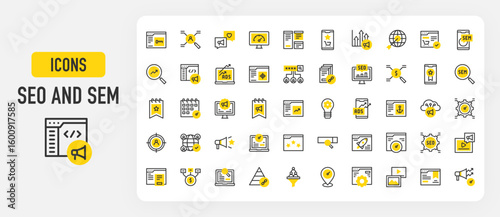 Seo and sem icons. Optimization, Ads, Laptop, Funds, Multimedia, Performance, Marketing, Seo, Boost, Link, Selling, Rise , Calendar, Filter, Strategy, Target vector stroke illustration.
