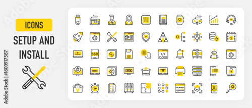 Setup and install icons. App Installation, Puzzle, Disk, Smart Watch, Rocket, Customer Support, Businessman, Data, Coding, Network, Search, Password vector stroke illustration.	
