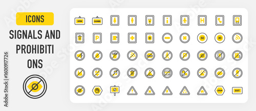 Signals and Prohibitions icons. Do Not Cross, No Pills, No Kisses, Wifi, No Wifi, No Swimsuit, No Music, No Video, Stop, No Water, Warning, Do Not Walk vector stroke illustration.	
