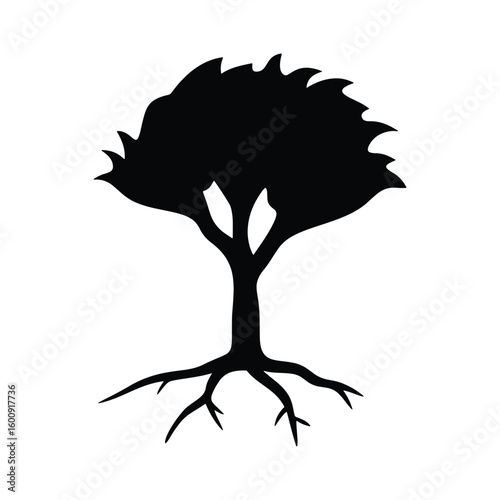 Stylized tree silhouette with intricate root system