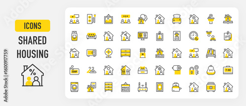 Shared housing icons. Painting, Roommate, Couple, Shampoo, Match, Washing Machine, Carpet, House Rules, Maintenance, Disagree, Alarm Clock vector stroke illustration.	
