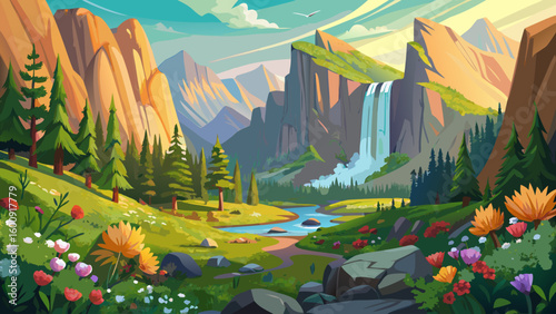 A panoramic view of Yosemite in spring, with cascading waterfalls, blossoming meadows, and towering granite — pure tranquility wrapped in semi-realistic beauty for vector inspiration.

