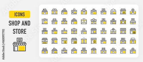 Shop and store icons. Club, Warehouse, Clothing Shop, Coffee Shop, Shop, Fish Shop, Stationery, Store, Stall, Toy Shop, Photo Camera, Furniture Store, Book vector stroke illustration.	

