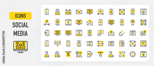 Social media icons. Refresh, Management, Secure, Settings, Location Pin, Biography, Upload, Connection, Global Network, App, Hashtag, Bookmark, User Profile vector stroke illustration.	