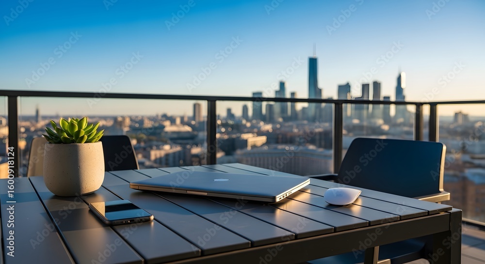 Naklejka premium Modern Balcony Workspace with Laptop, Smartphone, Mouse, and Potted Succulent