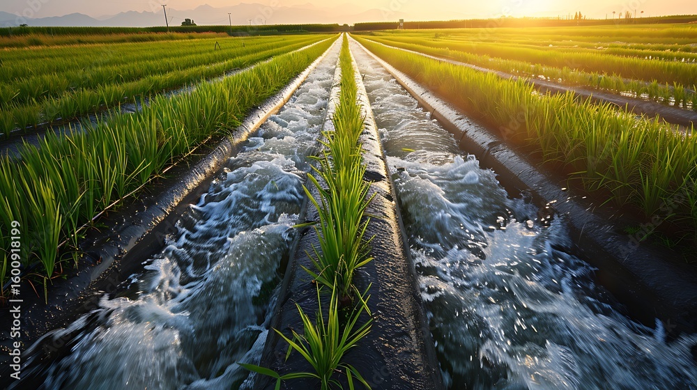 Naklejka premium Irrigation System With Water Gushing From Large Black Pipes Into Open Crop Beds Of Growing Rice. Water Ripples Are Visible As They Spread Across The Field In Channels Between R