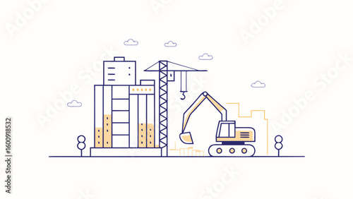 Illustration of a construction site with a building crane and excavator under a cloudy sky scene view