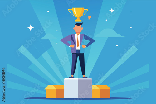 Successful businessman standing on podium with golden trophy celebrating career achievement and personal success with radiating light