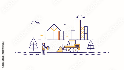 Illustration of a construction site with a worker, bulldozer, building, and trees in a minimalist style
