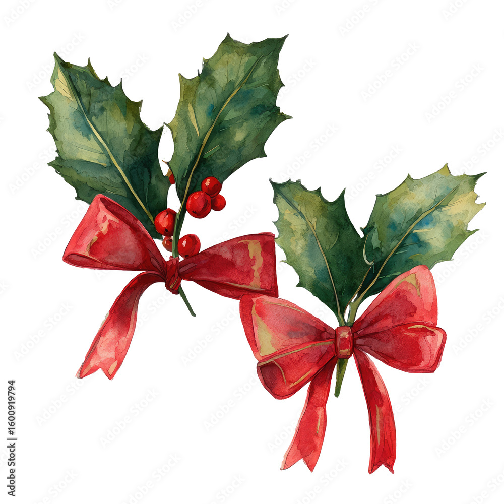 Fototapeta premium Two sprigs of holly with red bows